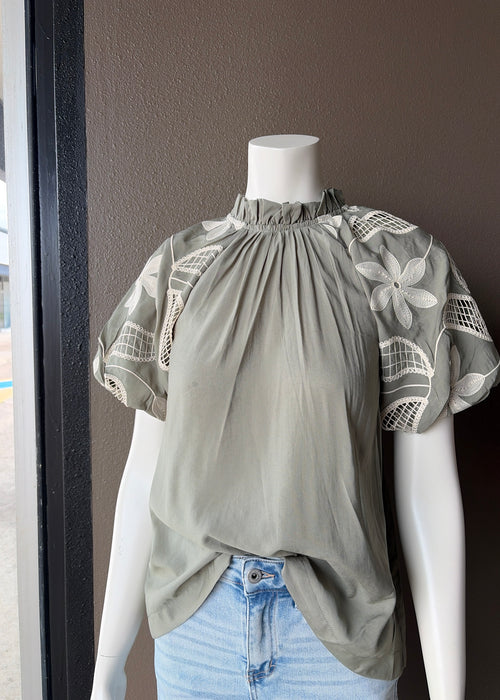 Olive flower puff sleeve blouse
