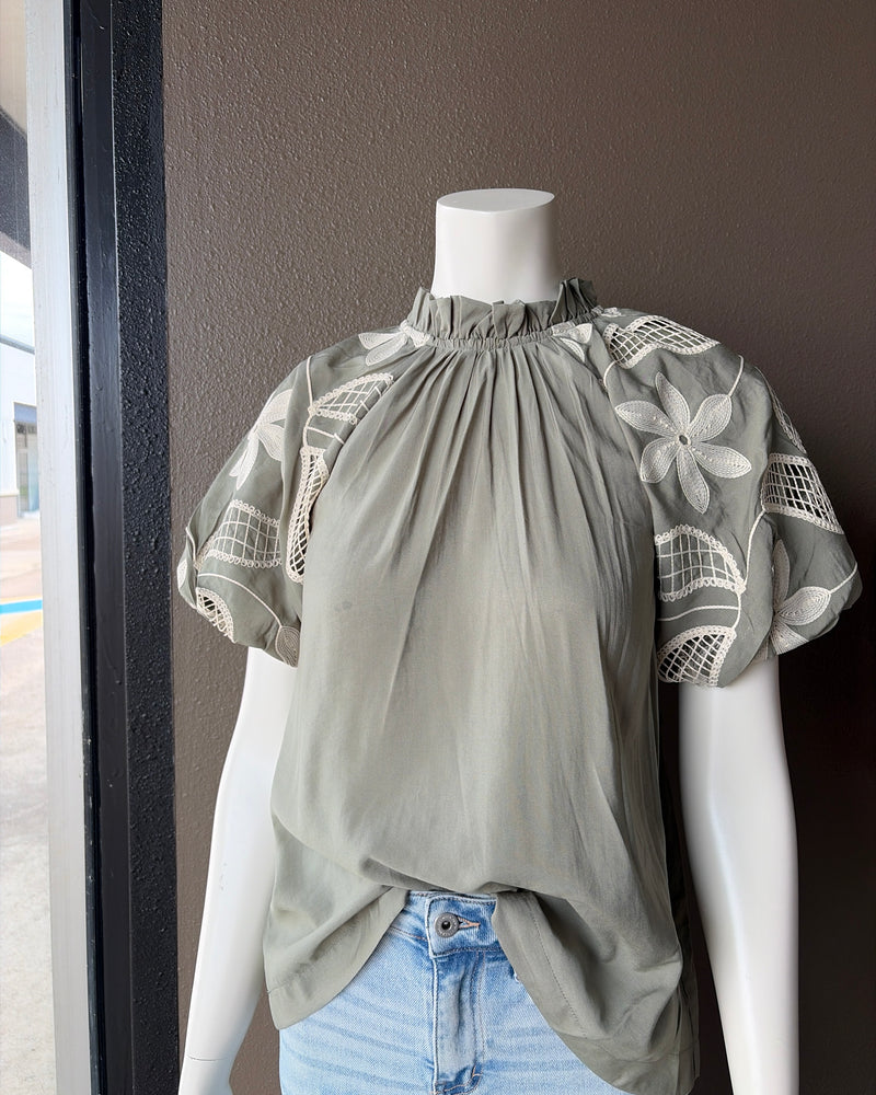 Olive flower puff sleeve blouse
