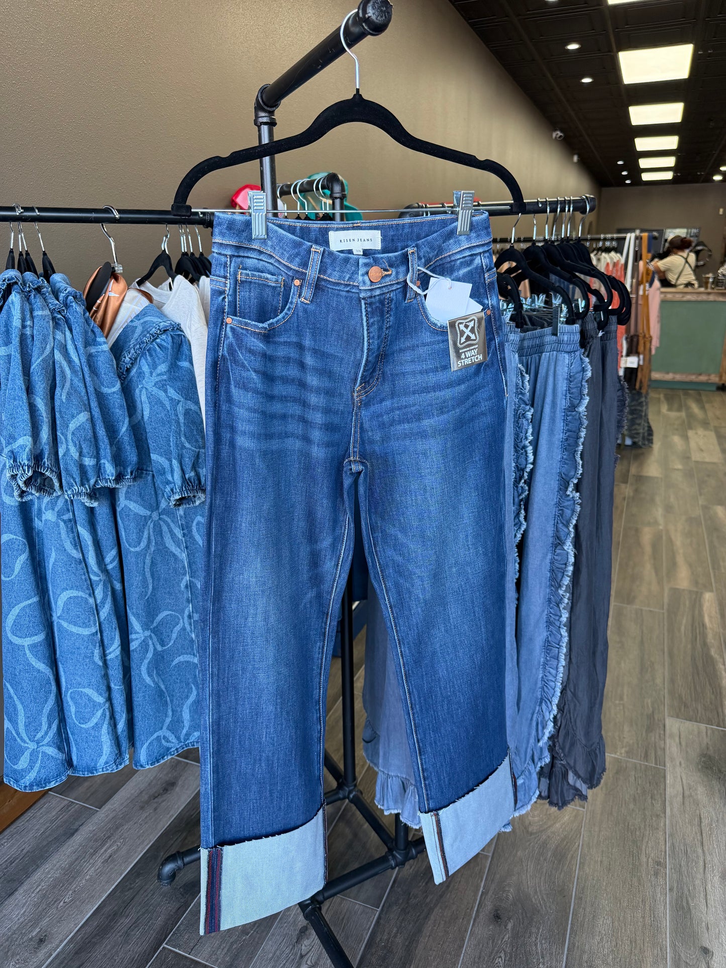 Risen TC 4-way Str High Rise Ankle Straight Jeans w/Wide Cuffed Hem