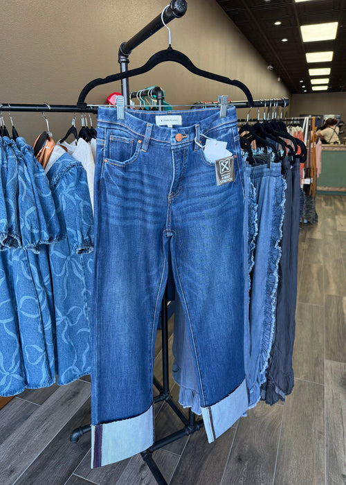 Risen TC 4-way Str High Rise Ankle Straight Jeans w/Wide Cuffed Hem