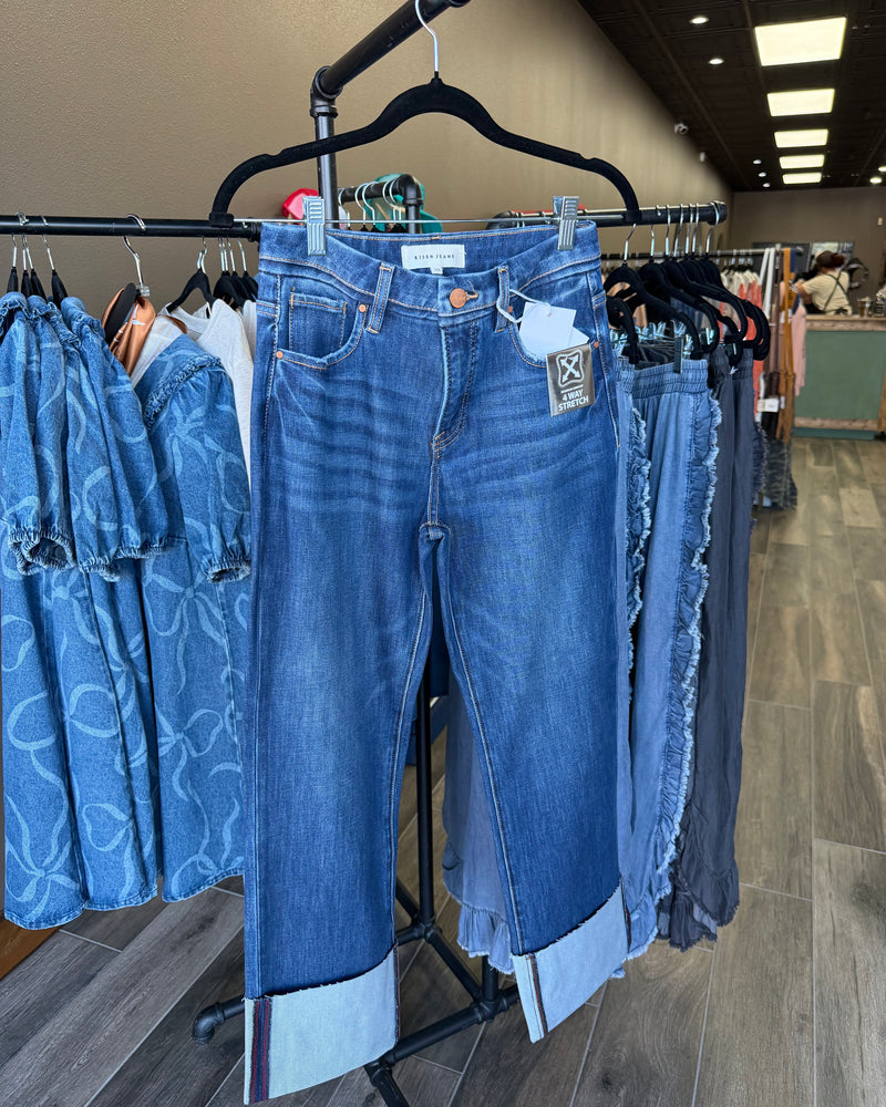 Risen TC 4-way Str High Rise Ankle Straight Jeans w/Wide Cuffed Hem