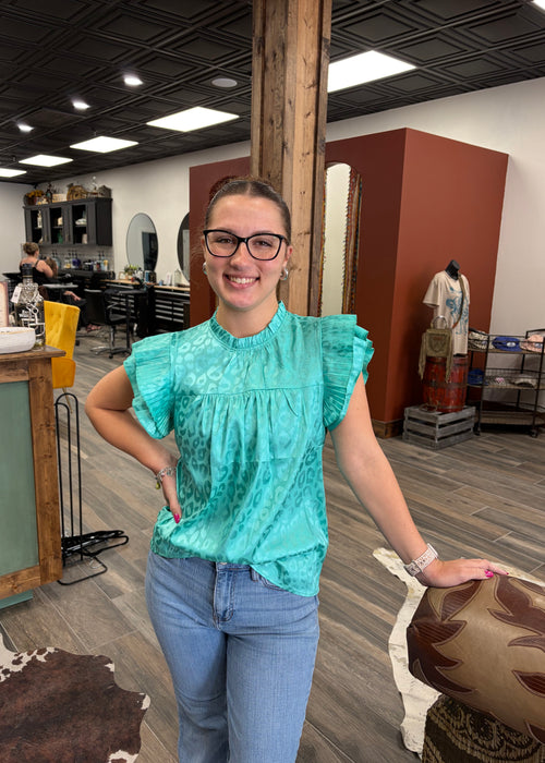 teal cheetah blouse