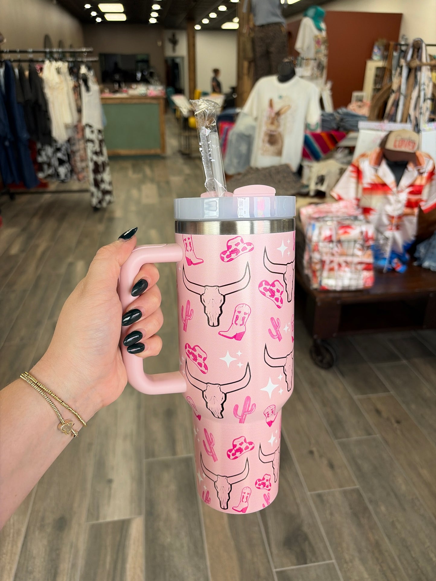 Western Longhorn SS Tumbler Cup 40oz Pink