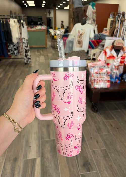 Western Longhorn SS Tumbler Cup 40oz Pink