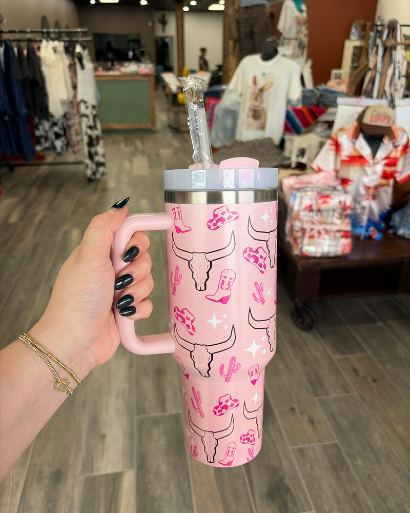 Western Longhorn SS Tumbler Cup 40oz Pink