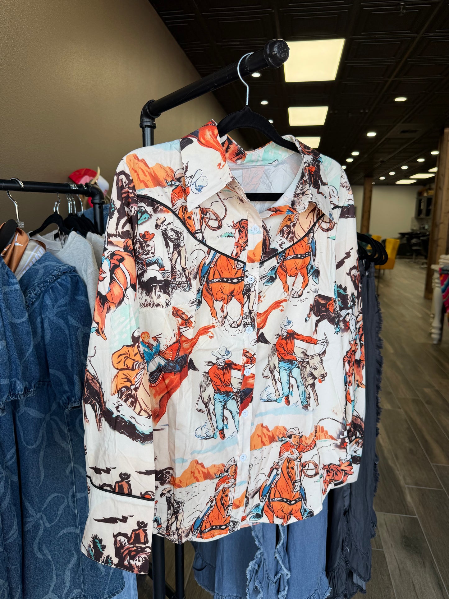 Rose Retro Western Cowboy Rodeo Street Print Shirt (Red)