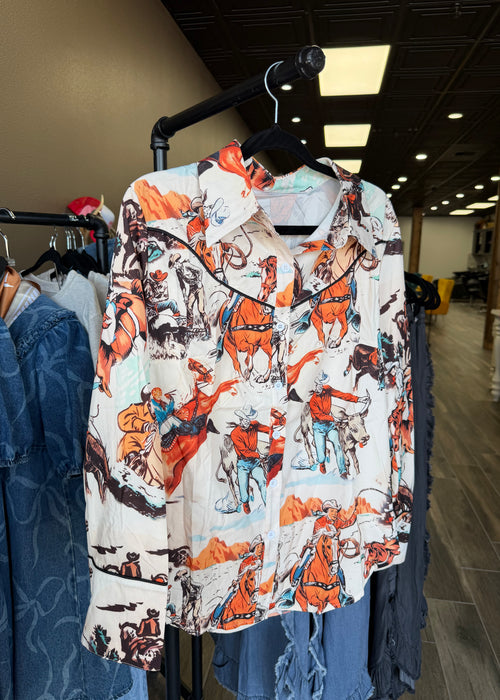 Rose Retro Western Cowboy Rodeo Street Print Shirt (Red)