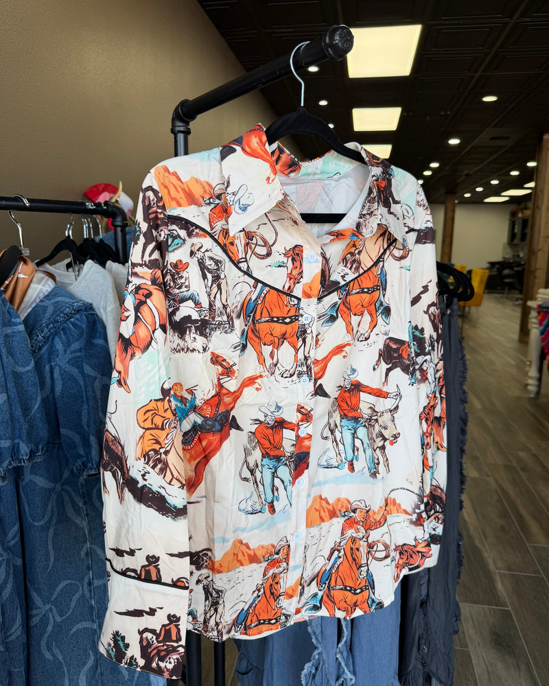 Rose Retro Western Cowboy Rodeo Street Print Shirt (Red)