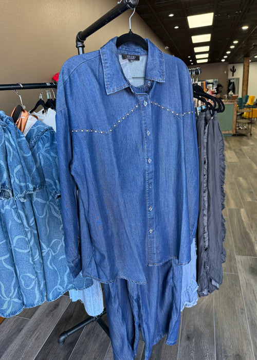 Blu Pepper Collared Button Down Stud Detail Denim Shirt/Pants Set
