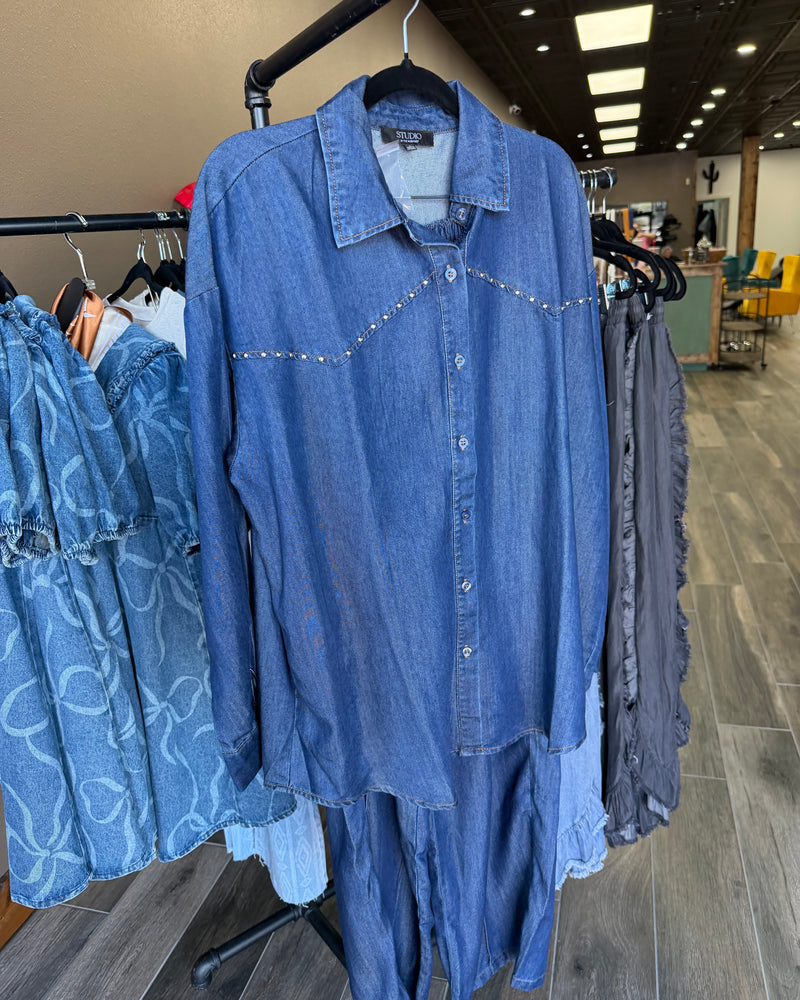 Blu Pepper Collared Button Down Stud Detail Denim Shirt/Pants Set