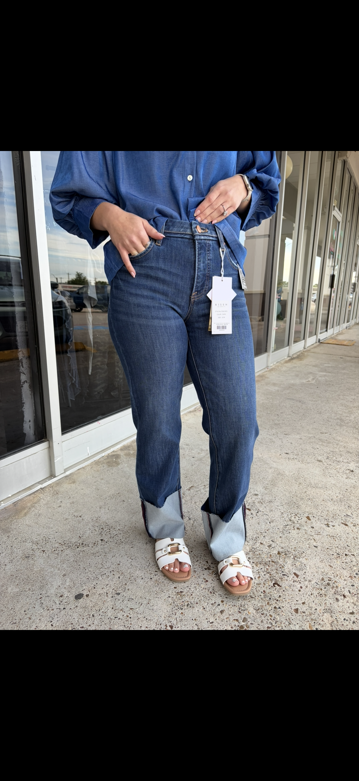 Risen TC 4-way Str High Rise Ankle Straight Jeans w/Wide Cuffed Hem