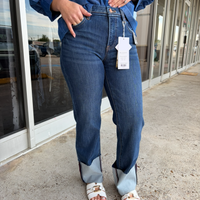 Risen TC 4-way Str High Rise Ankle Straight Jeans w/Wide Cuffed Hem