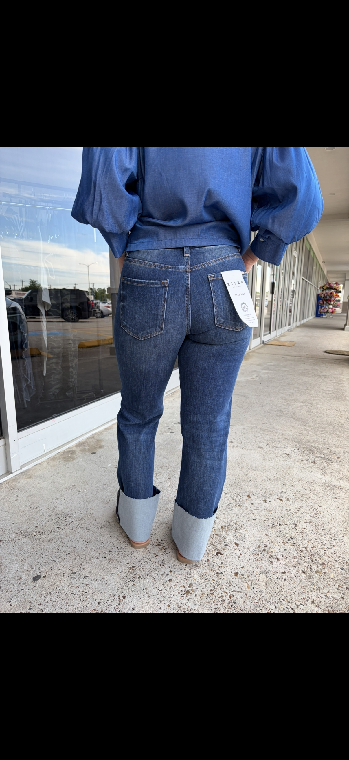 Risen TC 4-way Str High Rise Ankle Straight Jeans w/Wide Cuffed Hem