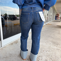 Risen TC 4-way Str High Rise Ankle Straight Jeans w/Wide Cuffed Hem