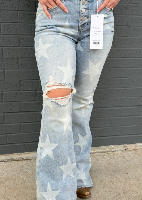 Risen Mid Rise-Flare-Button Down w/Star Print Jeans