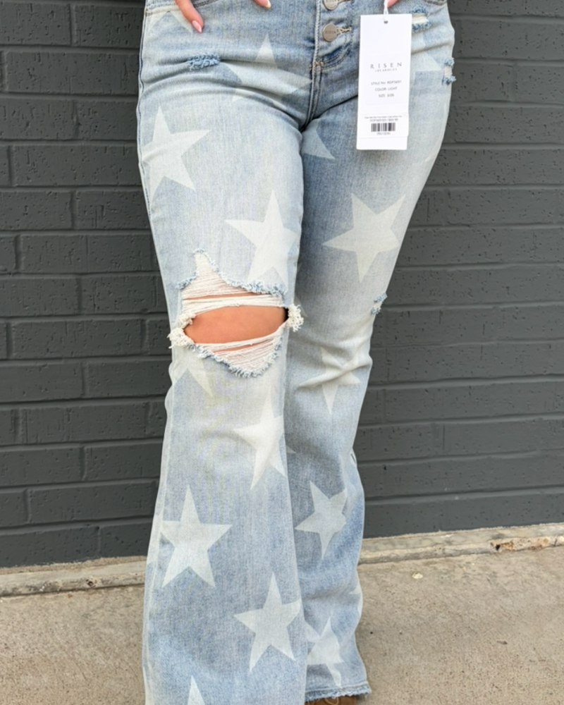 Risen Mid Rise-Flare-Button Down w/Star Print Jeans