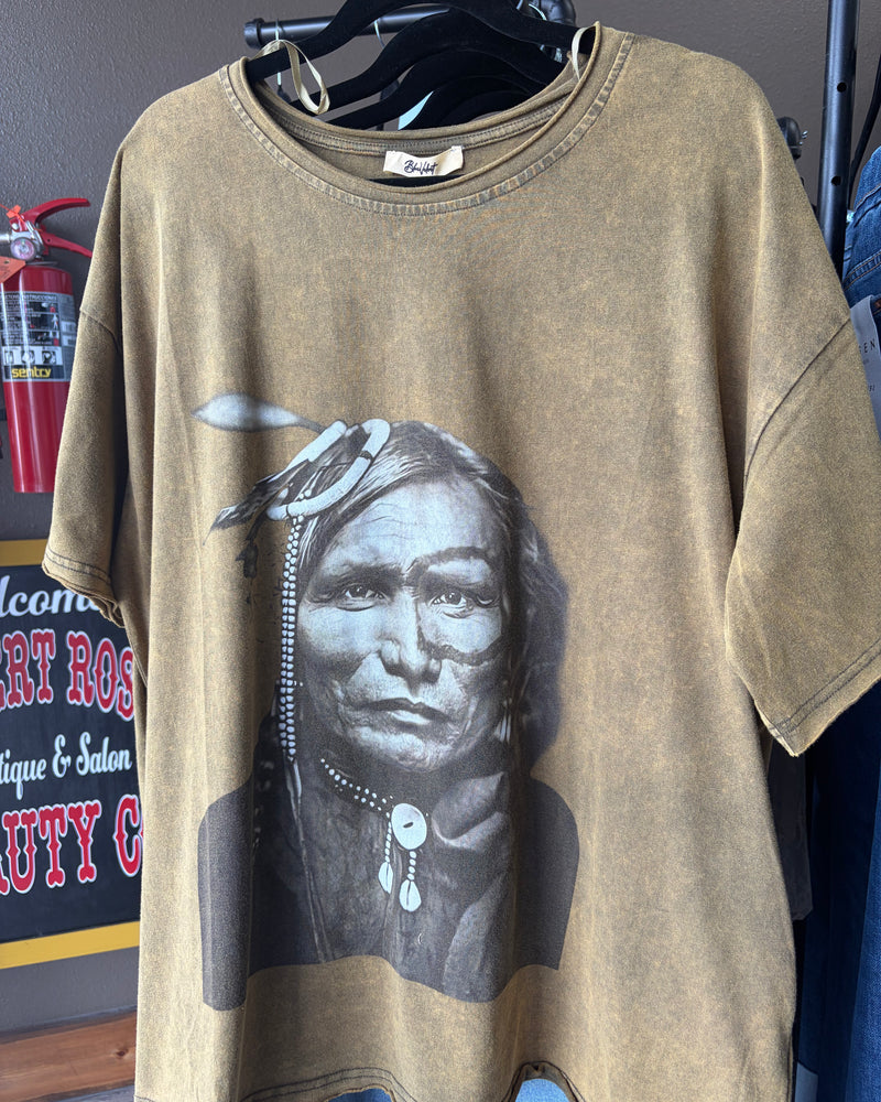 Indian print washed olive short sleeve oversized shirt