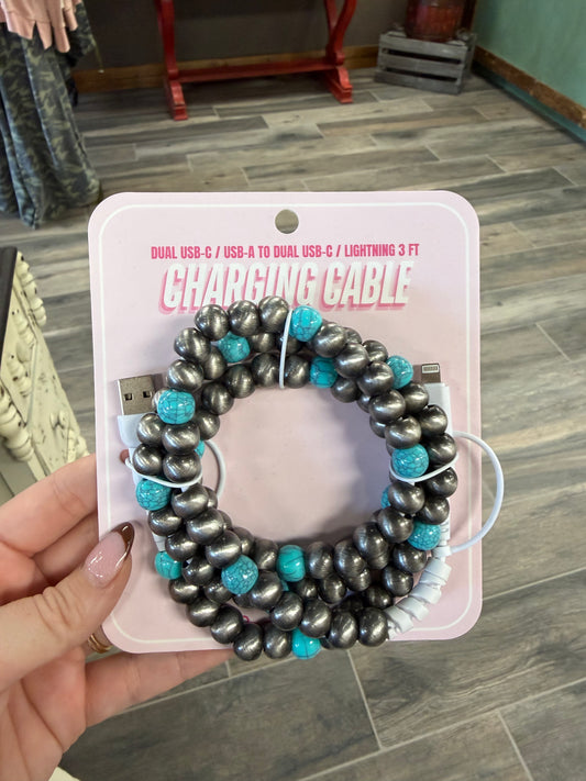 Beaded Charger Charging Cable Silver & Turquoise