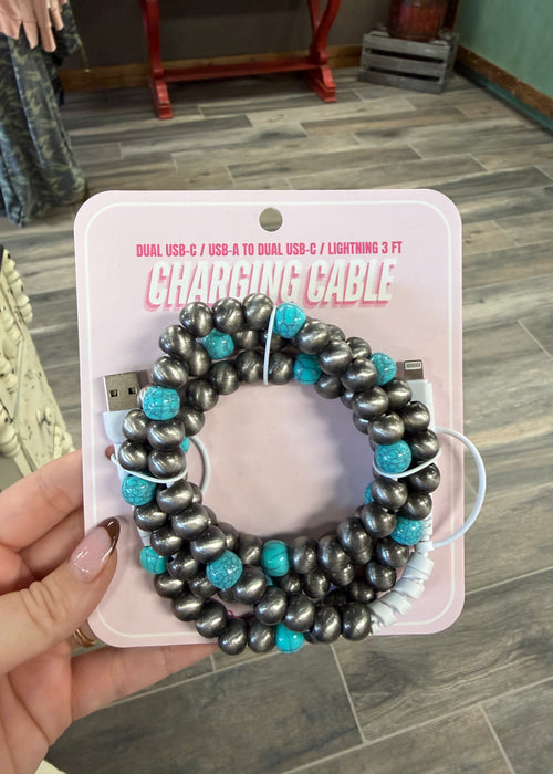 Beaded Charger Charging Cable Silver & Turquoise