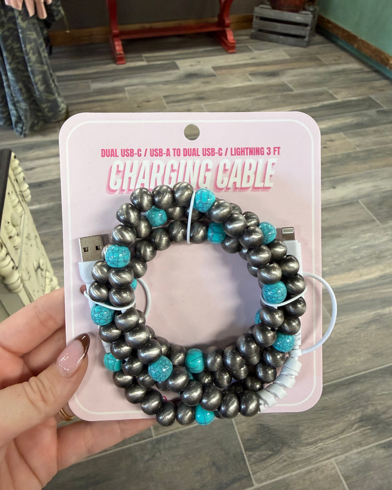 Beaded Charger Charging Cable Silver & Turquoise